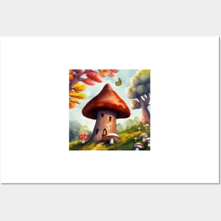 Sweet Mushroom Cottage in the Autumn Woods Posters and Art